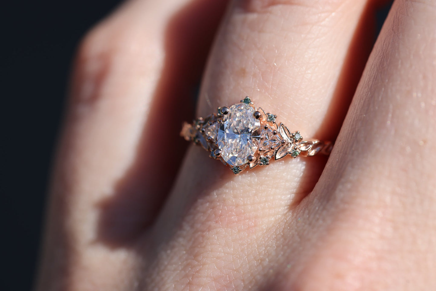 [Oramore Jewelry]Briar Rose Three Stone with .7ct Oval Lab Diamond and Mint Diamond Accents