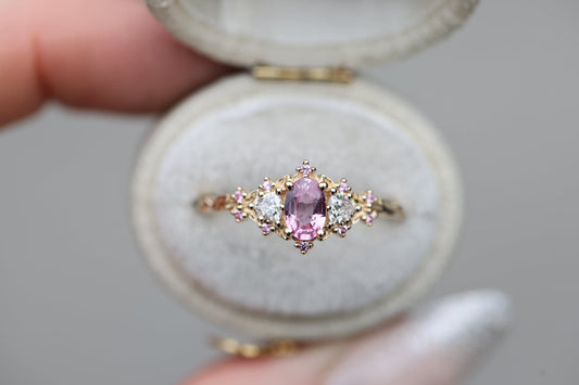 [Oramore Jewelry]Briar Rose Three Stone with Oval Pink Sapphire Center and Accents moissanite