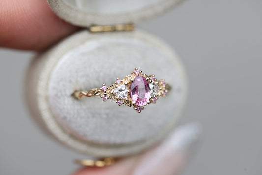 [Oramore Jewelry]Briar Rose Three Stone with Oval Pink Sapphire Center and Accents moissanite
