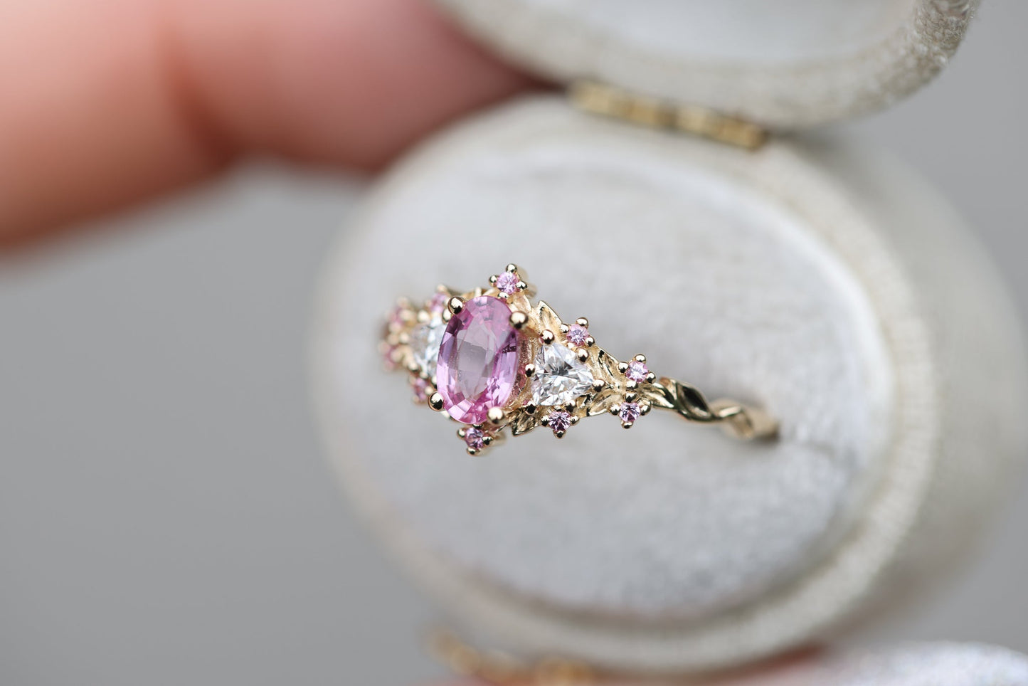[Oramore Jewelry]Briar Rose Three Stone with Oval Pink Sapphire Center and Accents moissanite