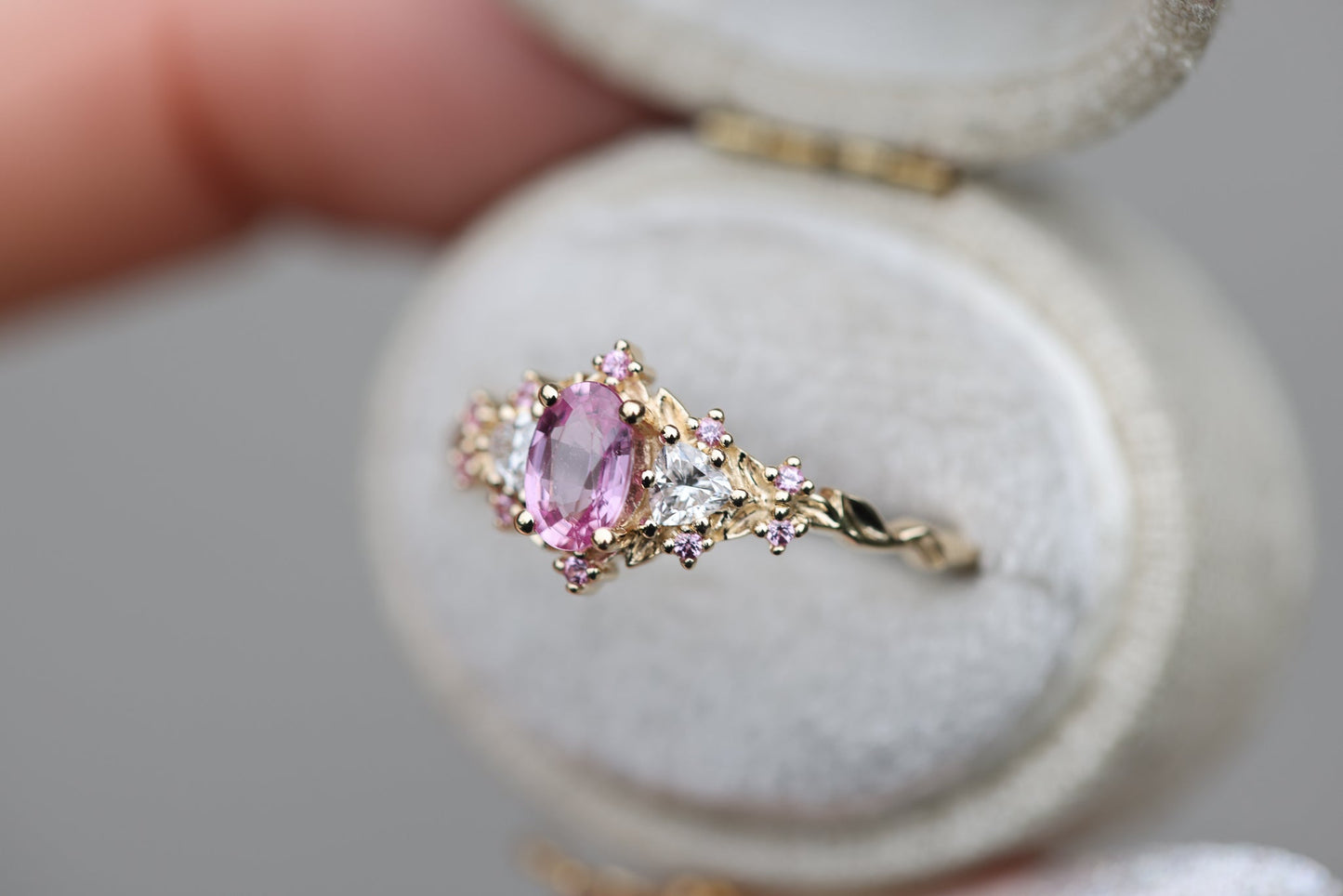[Oramore Jewelry]Briar Rose Three Stone with Oval Pink Sapphire Center and Accents moissanite