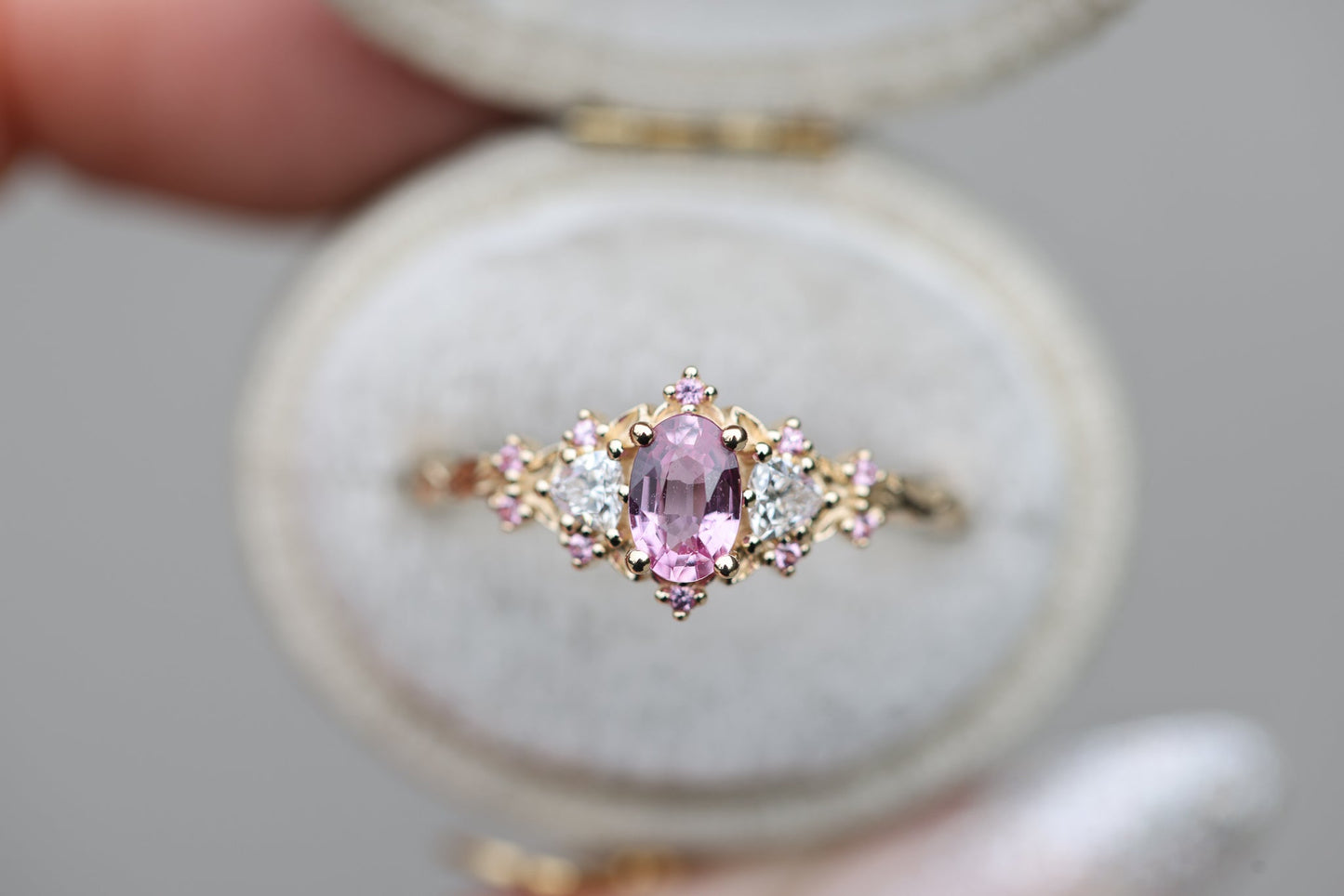 [Oramore Jewelry]Briar Rose Three Stone with Oval Pink Sapphire Center and Accents moissanite