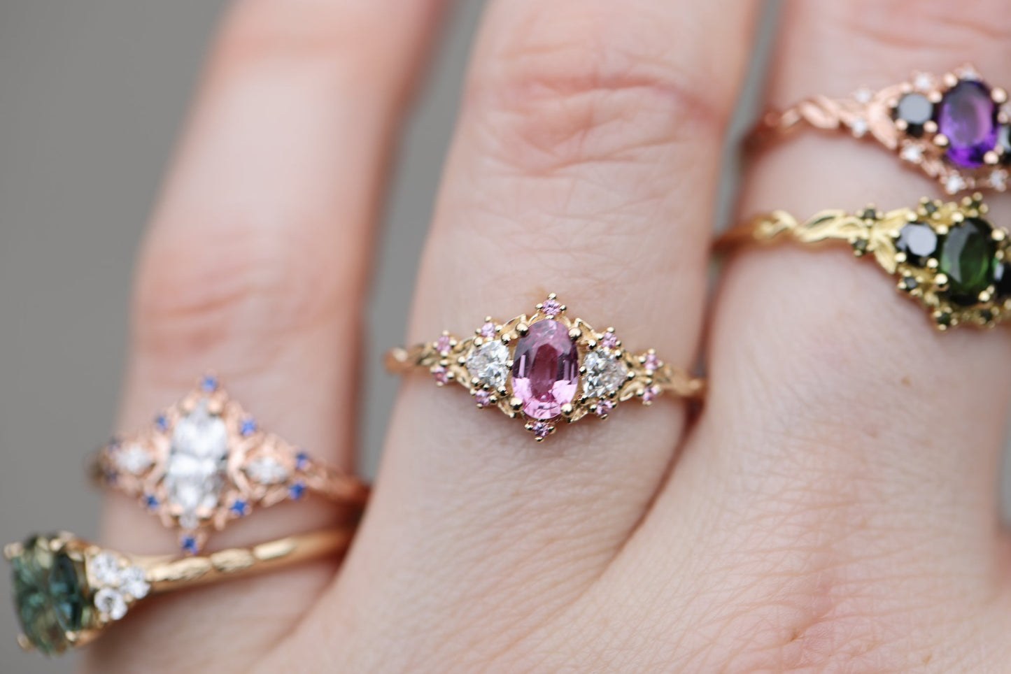 [Oramore Jewelry]Briar Rose Three Stone with Oval Pink Sapphire Center and Accents moissanite