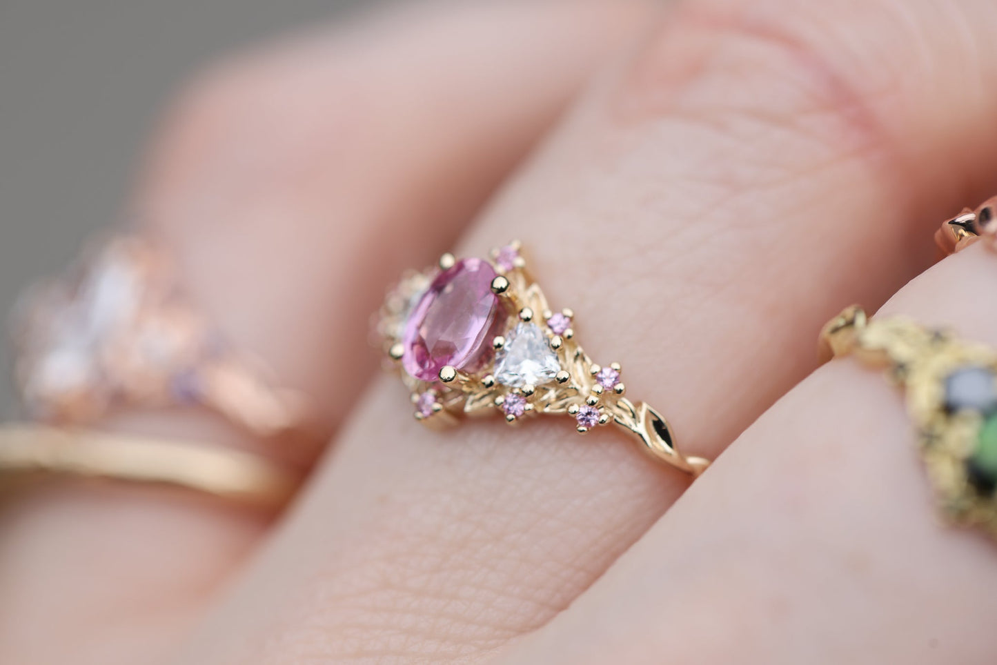 [Oramore Jewelry]Briar Rose Three Stone with Oval Pink Sapphire Center and Accents moissanite
