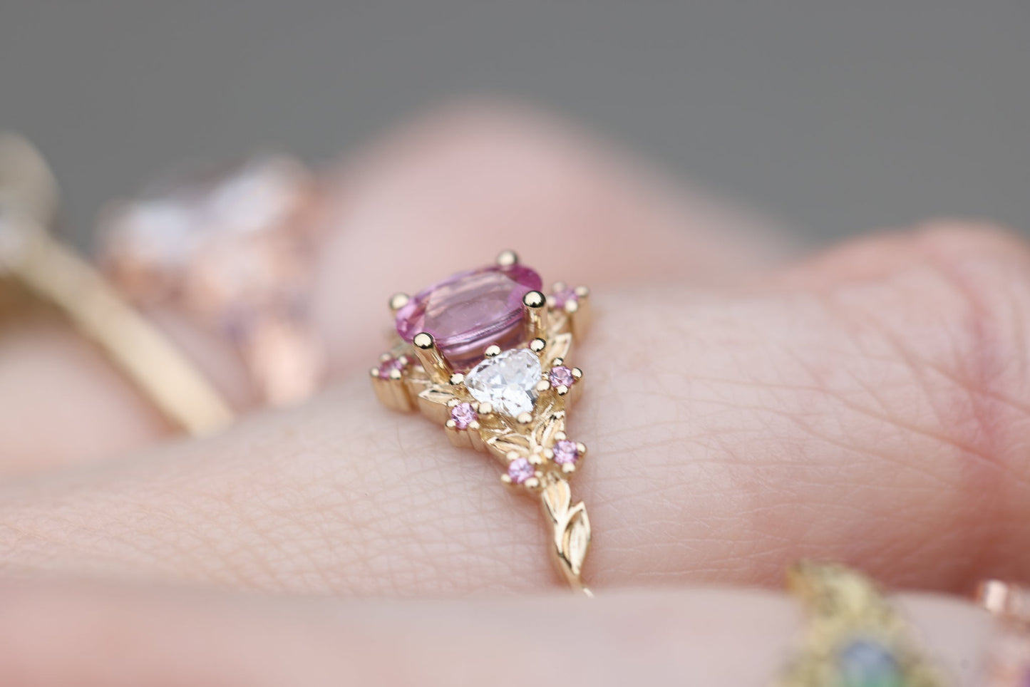 [Oramore Jewelry]Briar Rose Three Stone with Oval Pink Sapphire Center and Accents moissanite