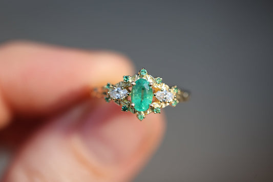 [Oramore Jewelry]Briar Rose Three Stone with Oval Natural Emerald and moissanite