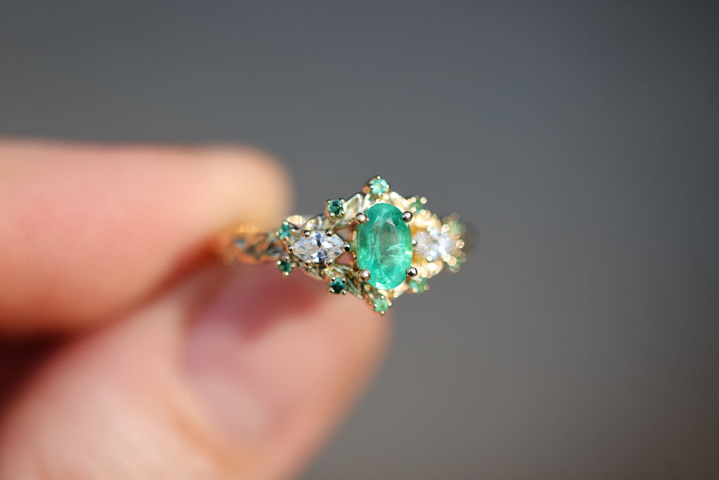 [Oramore Jewelry]Briar Rose Three Stone with Oval Natural Emerald and moissanite