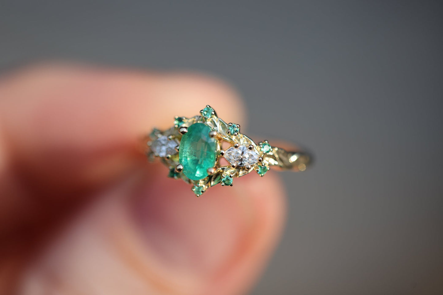 [Oramore Jewelry]Briar Rose Three Stone with Oval Natural Emerald and moissanite