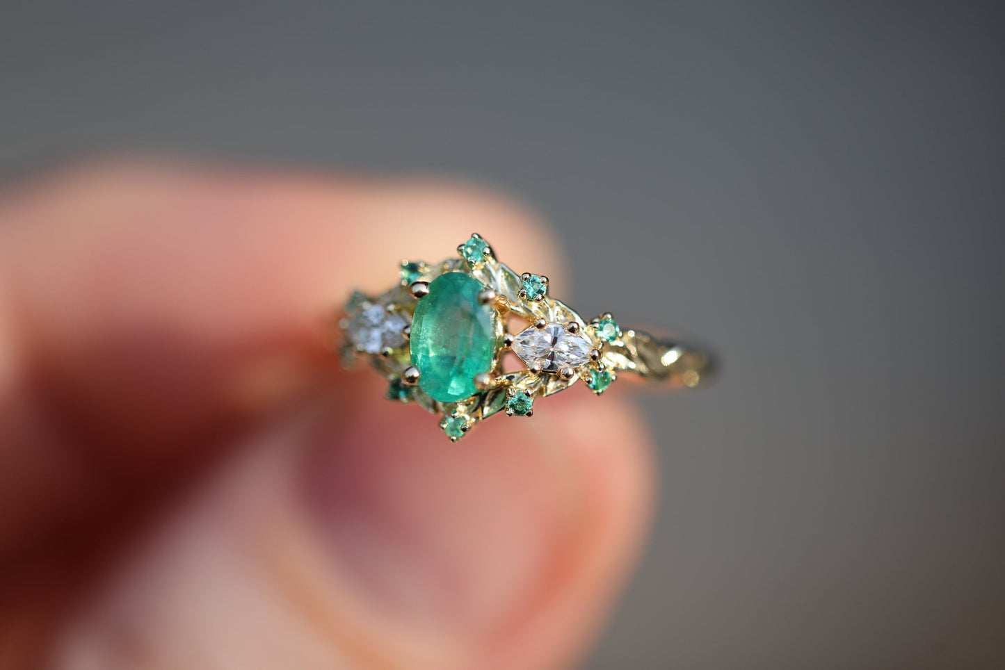 [Oramore Jewelry]Briar Rose Three Stone with Oval Natural Emerald and moissanite