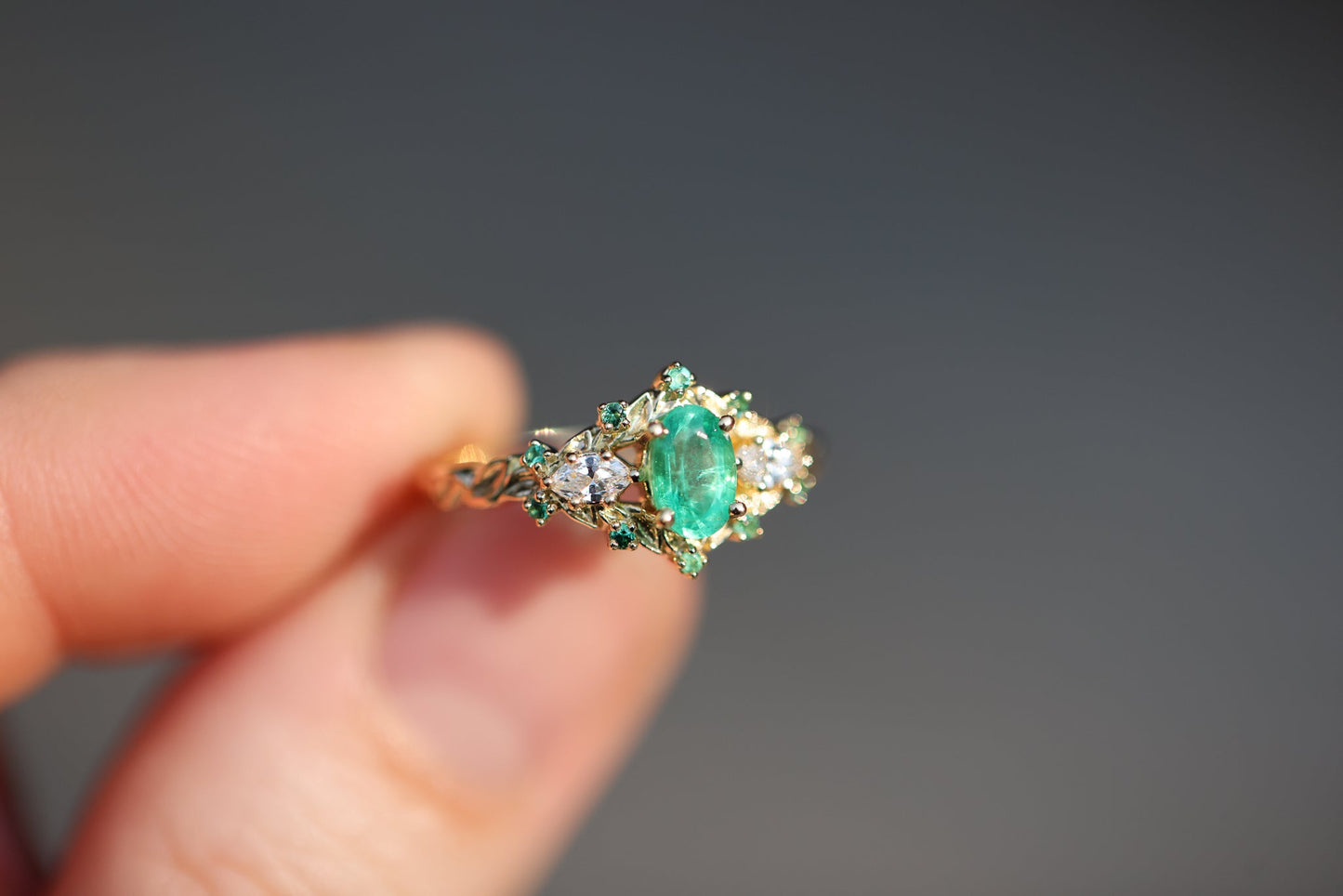 [Oramore Jewelry]Briar Rose Three Stone with Oval Natural Emerald and moissanite
