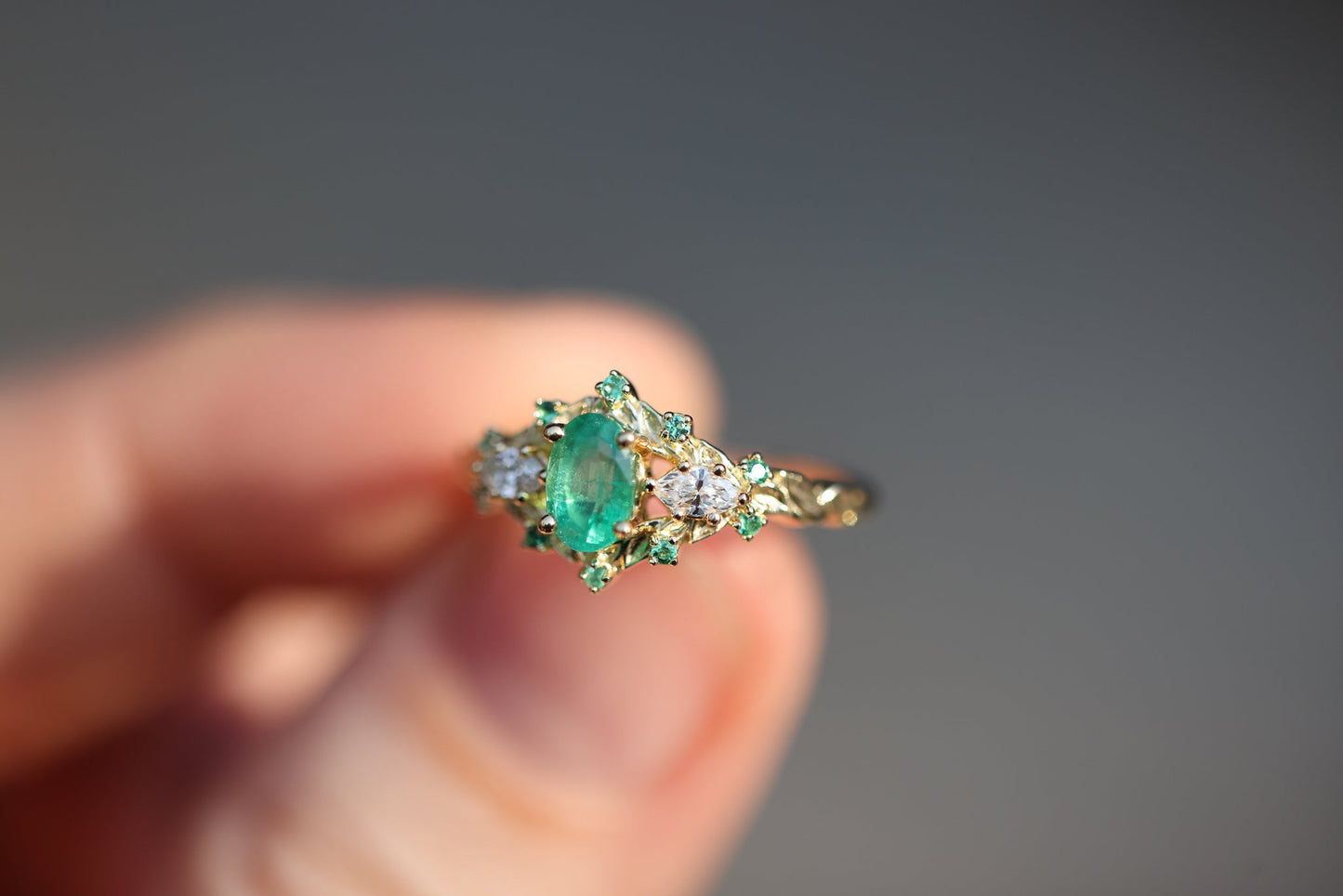 [Oramore Jewelry]Briar Rose Three Stone with Oval Natural Emerald and moissanite