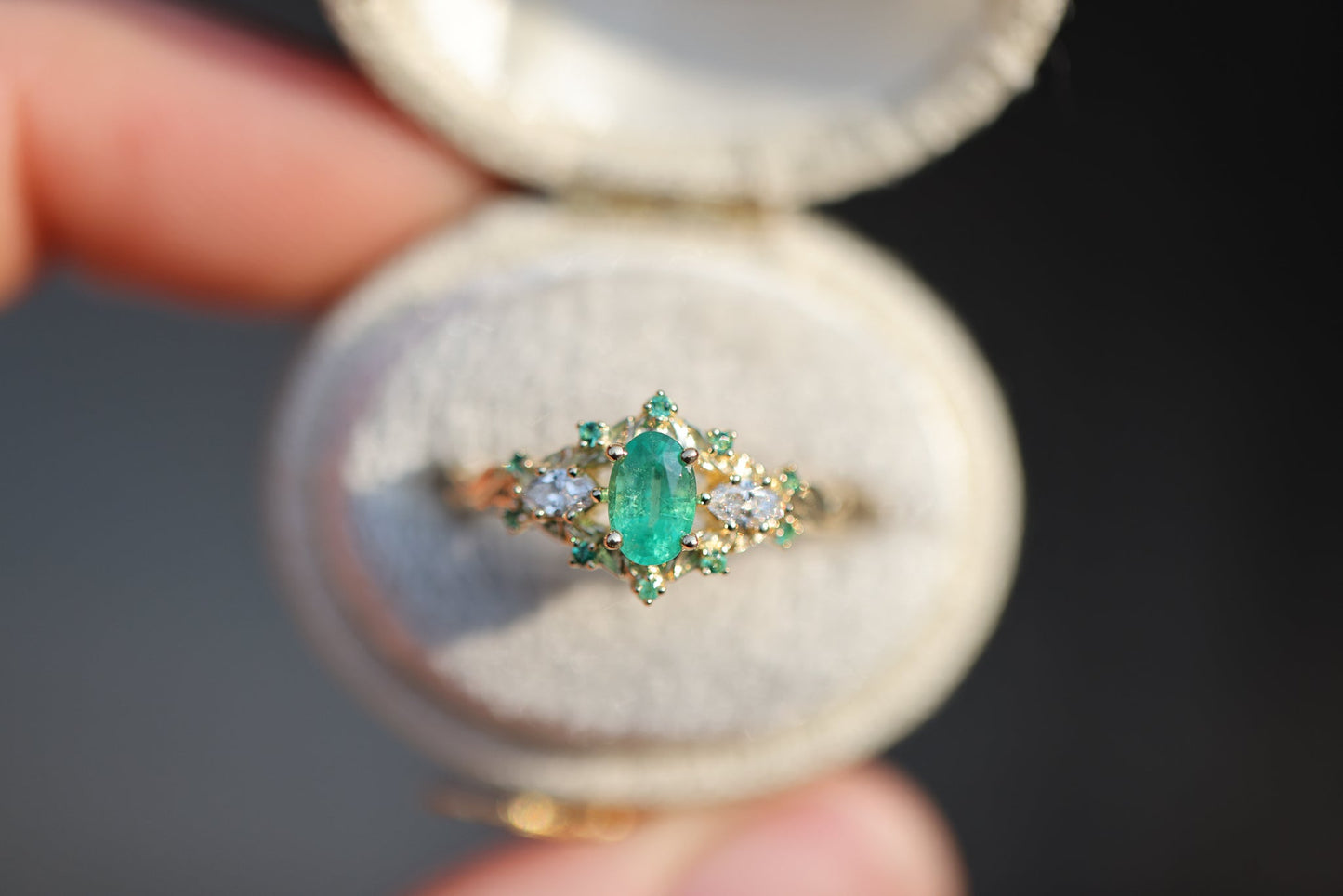 [Oramore Jewelry]Briar Rose Three Stone with Oval Natural Emerald and moissanite
