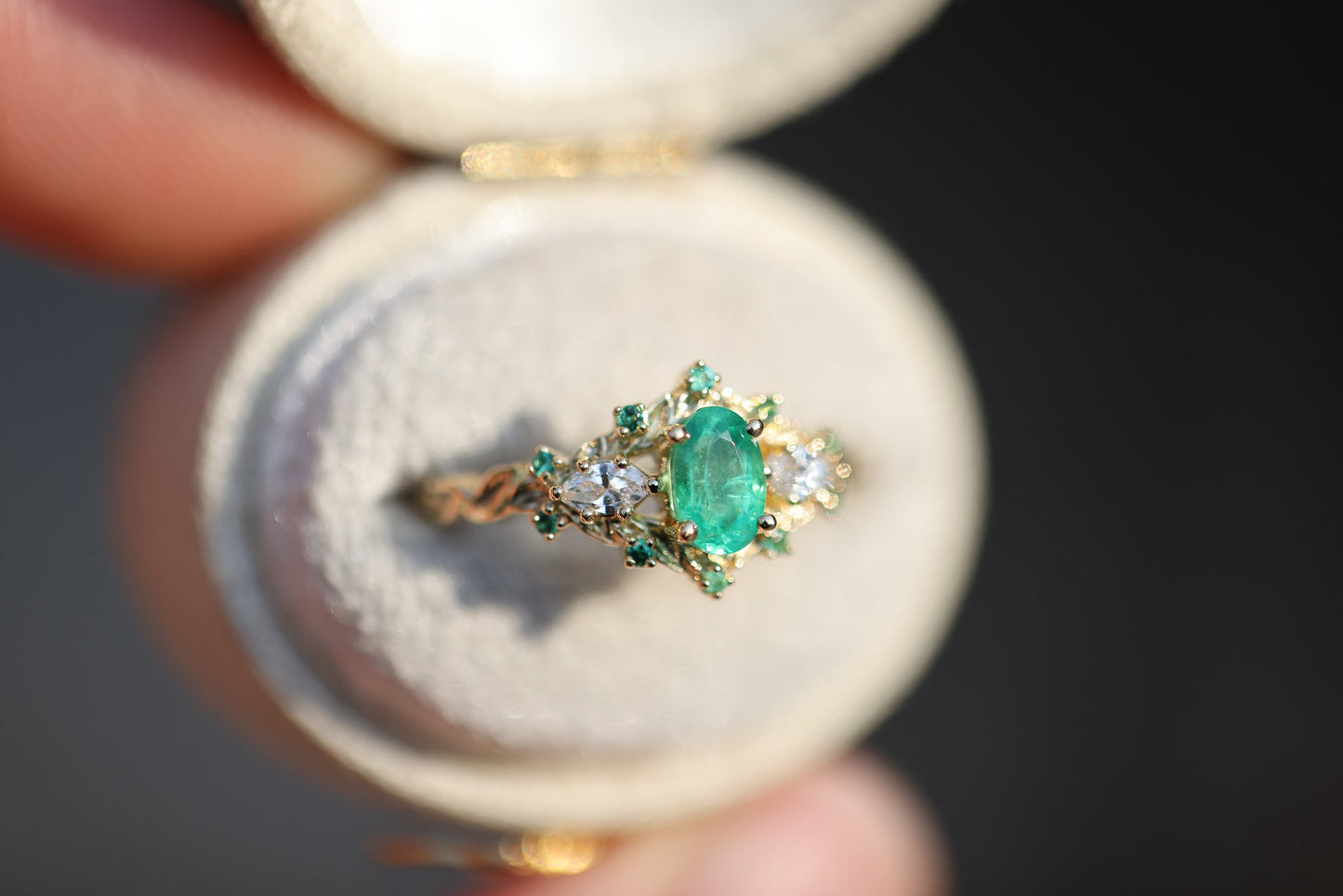 [Oramore Jewelry]Briar Rose Three Stone with Oval Natural Emerald and moissanite