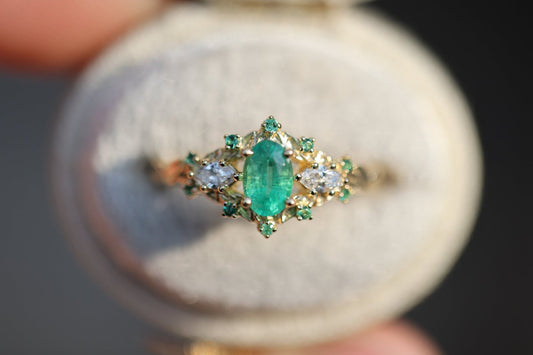 [Oramore Jewelry]Briar Rose Three Stone with Oval Natural Emerald and moissanite