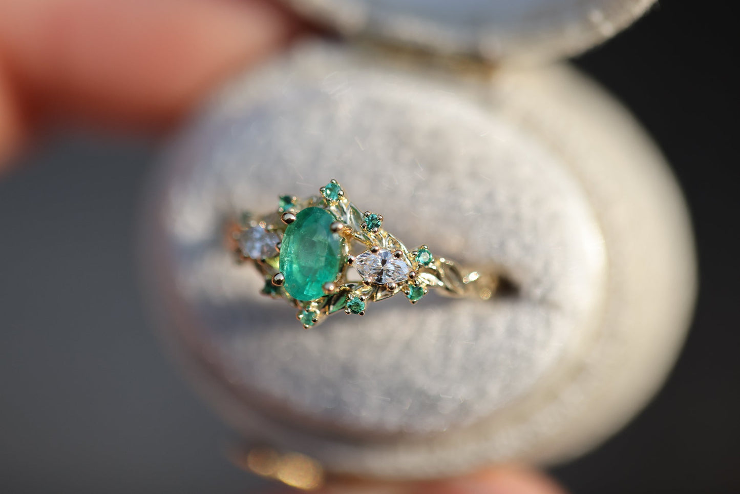 [Oramore Jewelry]Briar Rose Three Stone with Oval Natural Emerald and moissanite