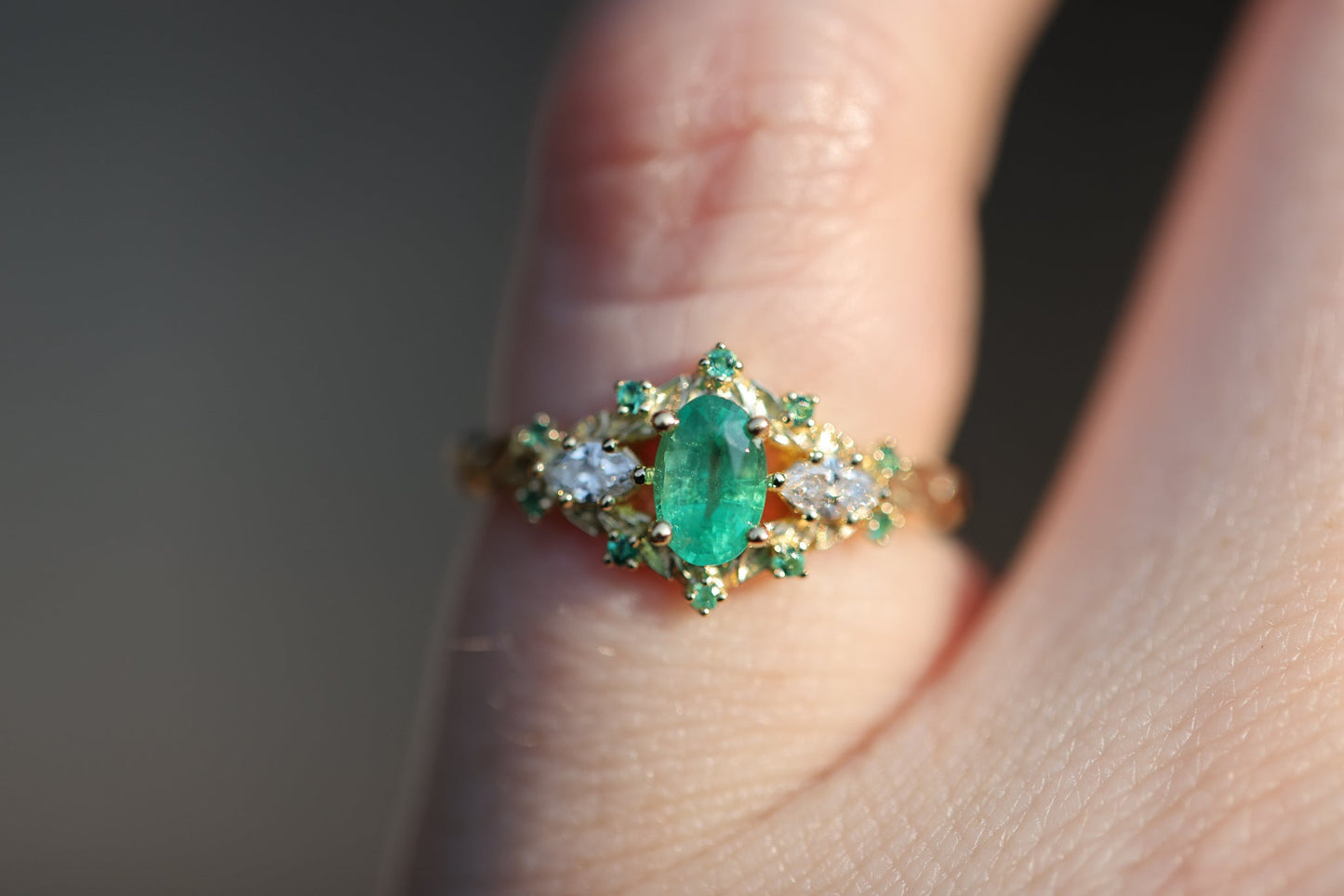 [Oramore Jewelry]Briar Rose Three Stone with Oval Natural Emerald and moissanite