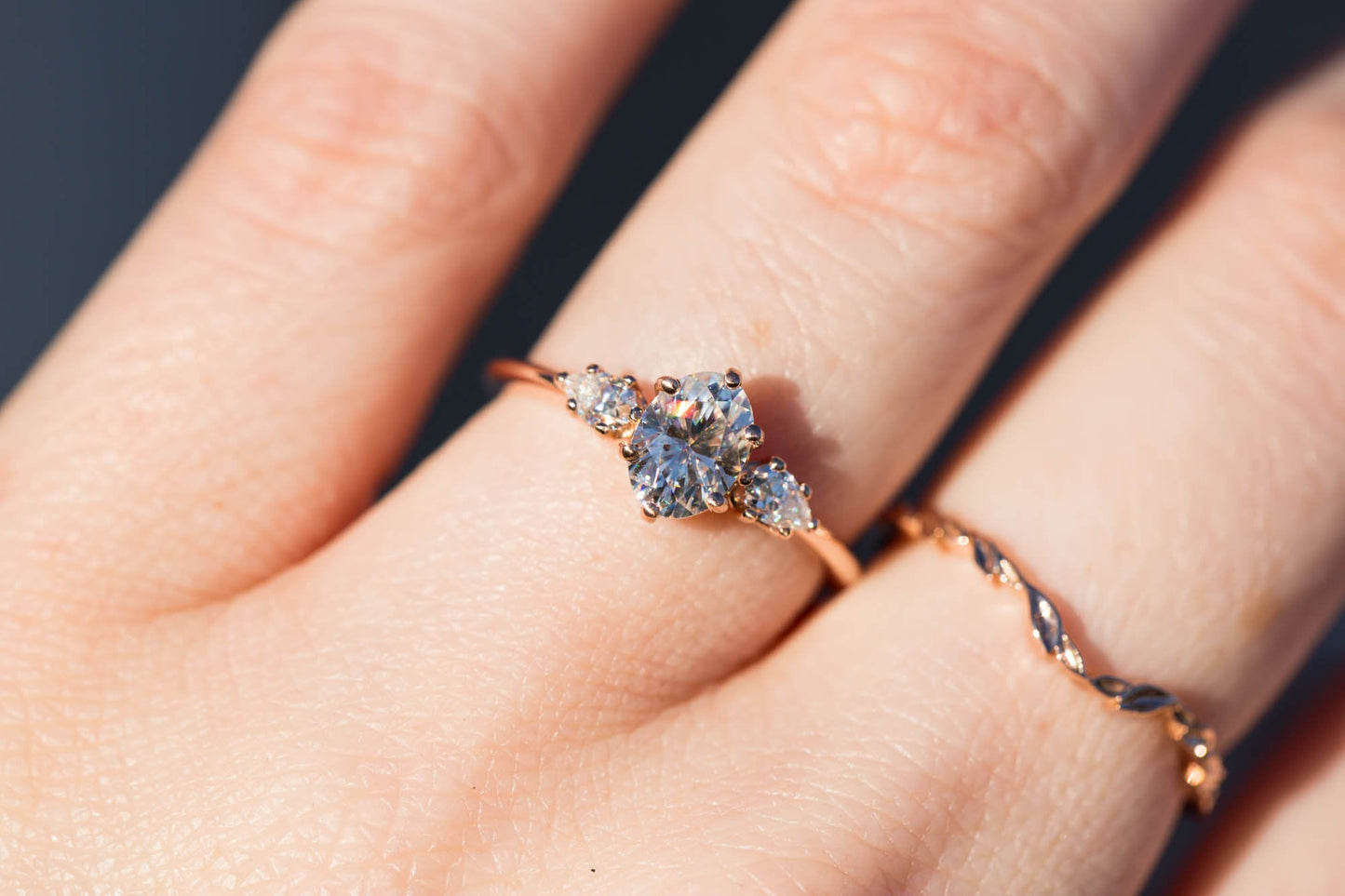 [Oramore Jewelry]Oval moissanite three stone engagement ring, pear side stone
