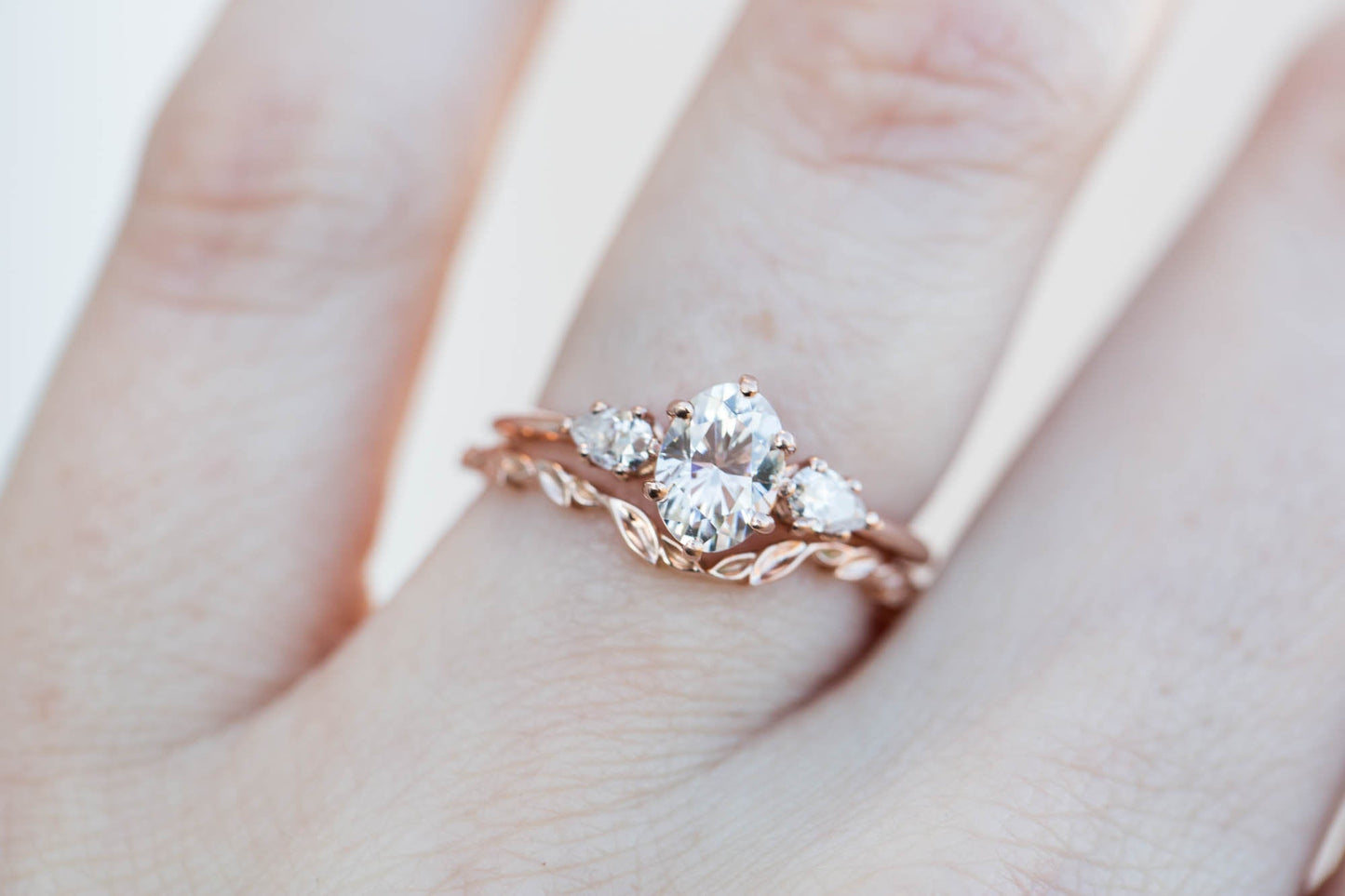 [Oramore Jewelry]Oval moissanite three stone engagement ring, pear side stone