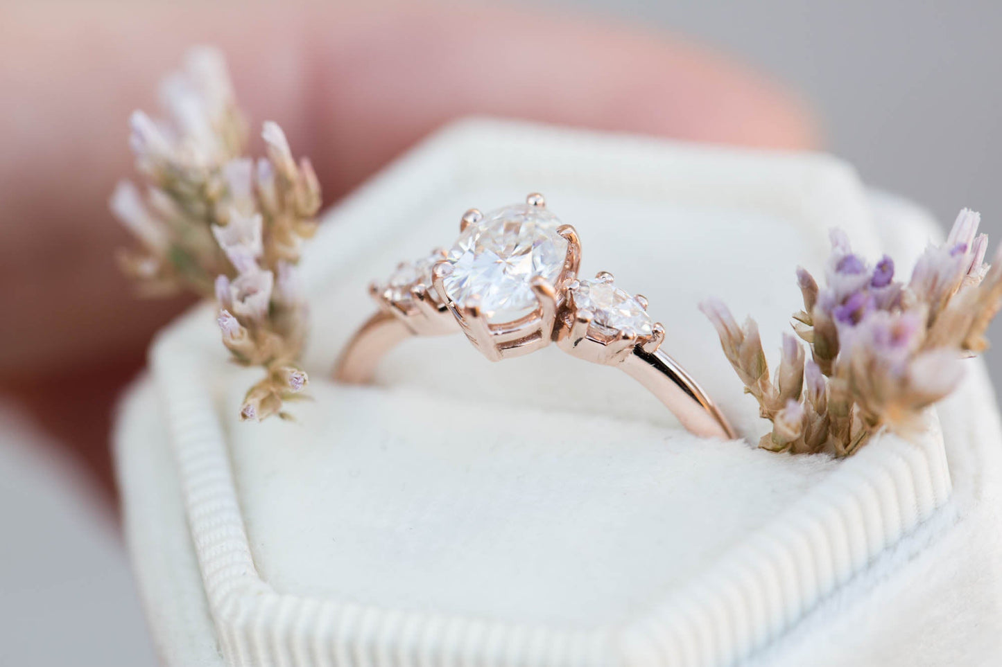 [Oramore Jewelry]Oval moissanite three stone engagement ring, pear side stone
