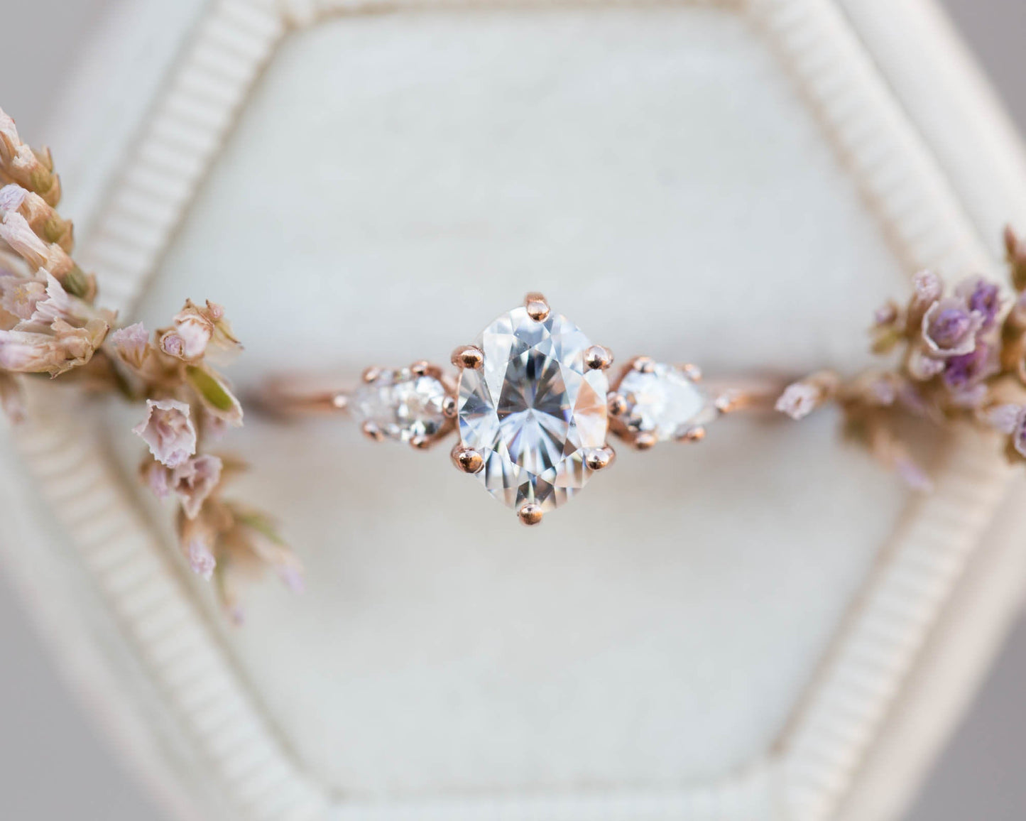 [Oramore Jewelry]Oval moissanite three stone engagement ring, pear side stone