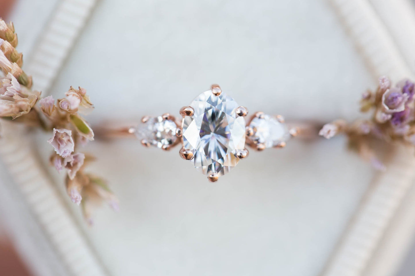 [Oramore Jewelry]Oval moissanite three stone engagement ring, pear side stone