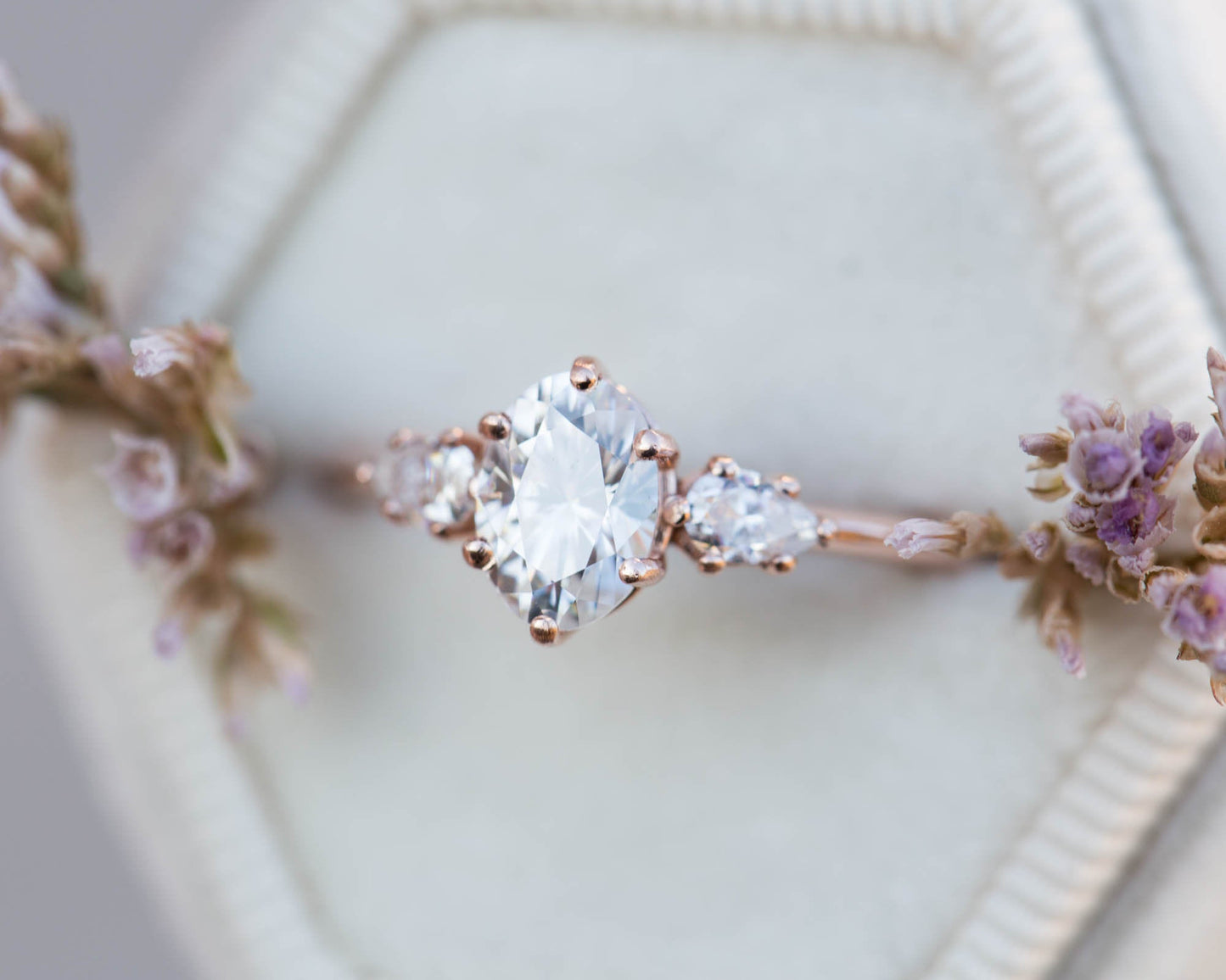 [Oramore Jewelry]Oval moissanite three stone engagement ring, pear side stone