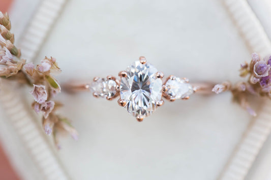 [Oramore Jewelry]Oval moissanite three stone engagement ring, pear side stone